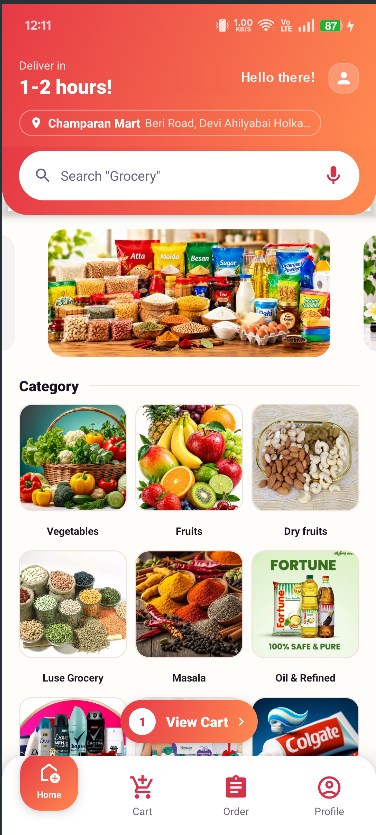 Home screen with delivery time, search and grocery categories