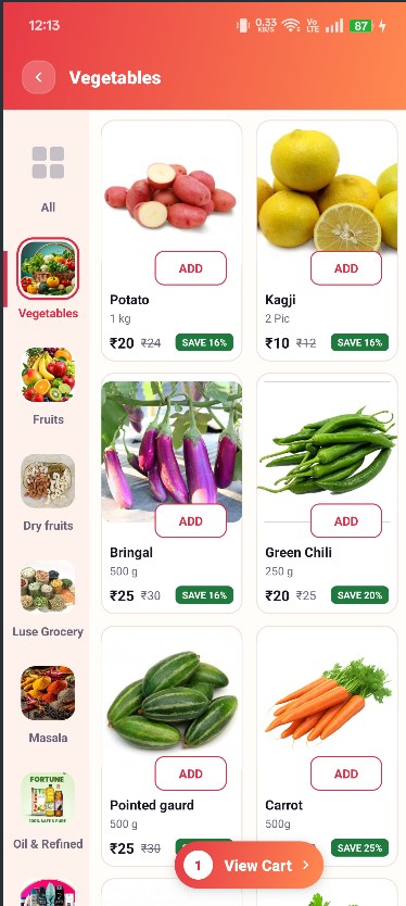 Vegetables list with prices and Add buttons