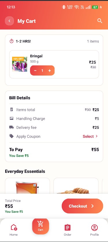 Cart with the bill details and a Checkout button