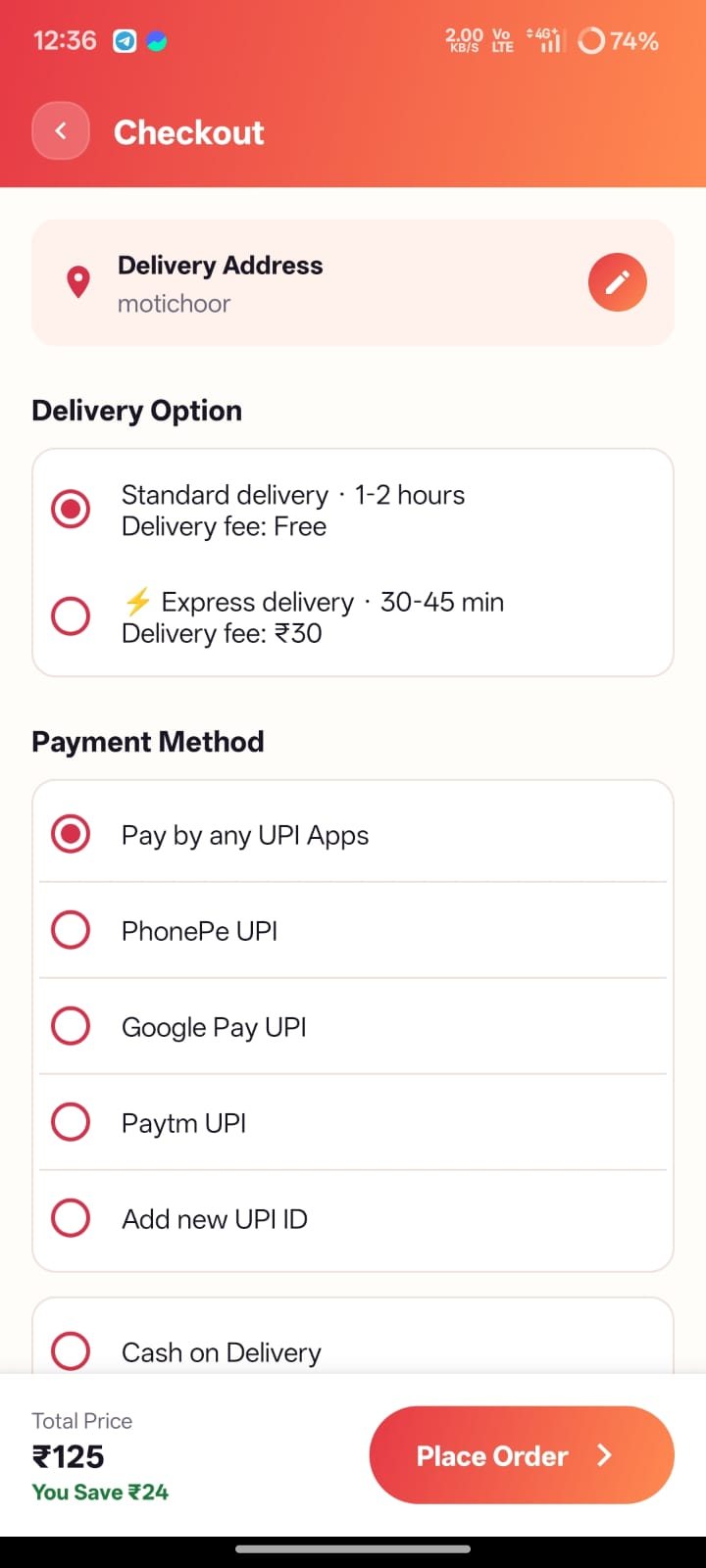 Checkout with Standard or Express delivery and UPI payment options